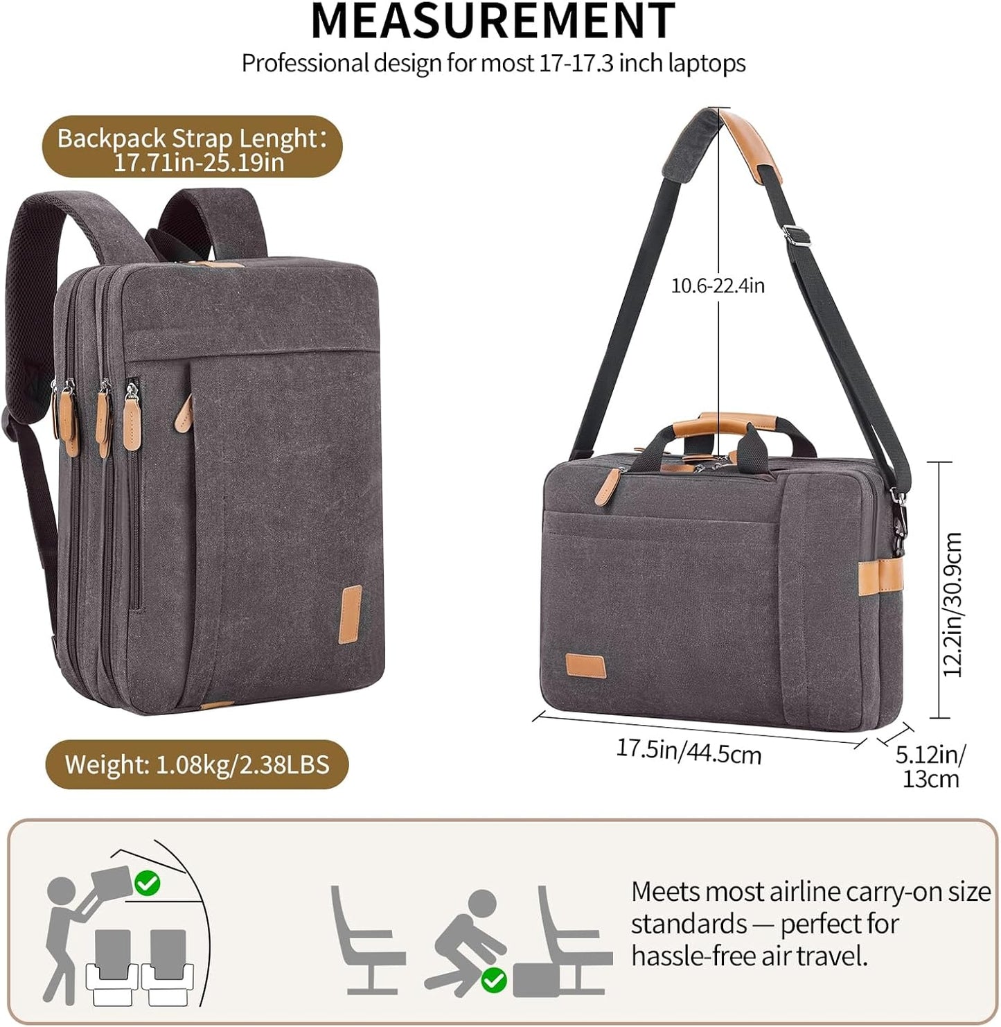 Laptop Computer Bag for Men 3 in 1, 17-17.3 Inch Laptop Messenger Bag for Business/Work/Travel, Convertible Backpack Briefcase Water Resistant Canvas Laptop Backpack (Grey)