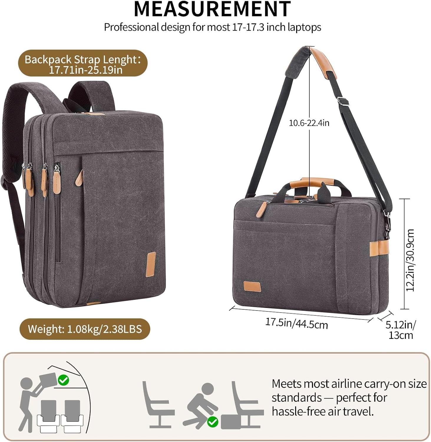 Laptop Computer Bag for Men 3 in 1, 17-17.3 Inch Laptop Messenger Bag for Business/Work/Travel, Convertible Backpack Briefcase Water Resistant Canvas Laptop Backpack (Grey)