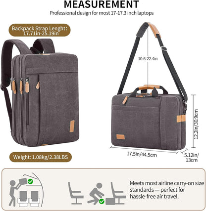 Laptop Computer Bag for Men 3 in 1, 17-17.3 Inch Laptop Messenger Bag for Business/Work/Travel, Convertible Backpack Briefcase Water Resistant Canvas Laptop Backpack (Grey)