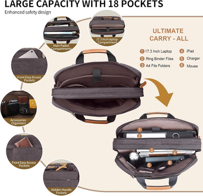 Laptop Computer Bag for Men 3 in 1, 17-17.3 Inch Laptop Messenger Bag for Business/Work/Travel, Convertible Backpack Briefcase Water Resistant Canvas Laptop Backpack (Grey)