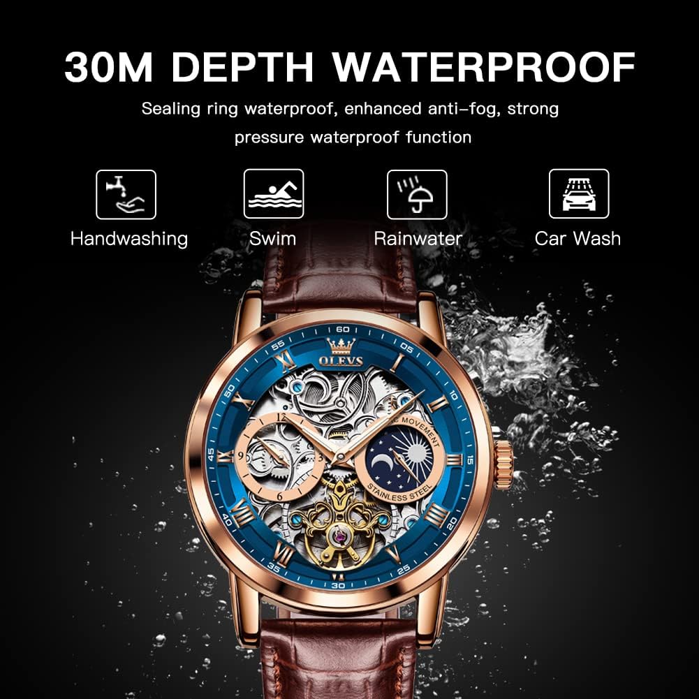 Luxury Automatic Skeleton Tourbillon Watch for Men - Brown Leather Strap, Moon Phase, Waterproof & Luminous Features