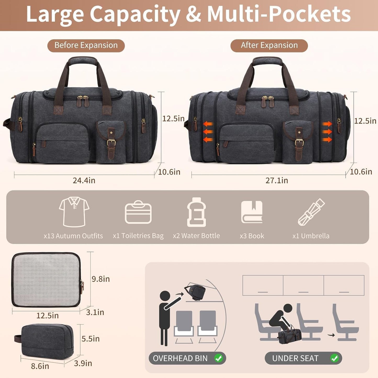 Ultimate 60L Men's Duffle Bag: Expandable Canvas Weekender with Shoe Compartment, Multiple Pockets, Detachable Strap, Toiletry Bag & Packing Cube in Dark Gray