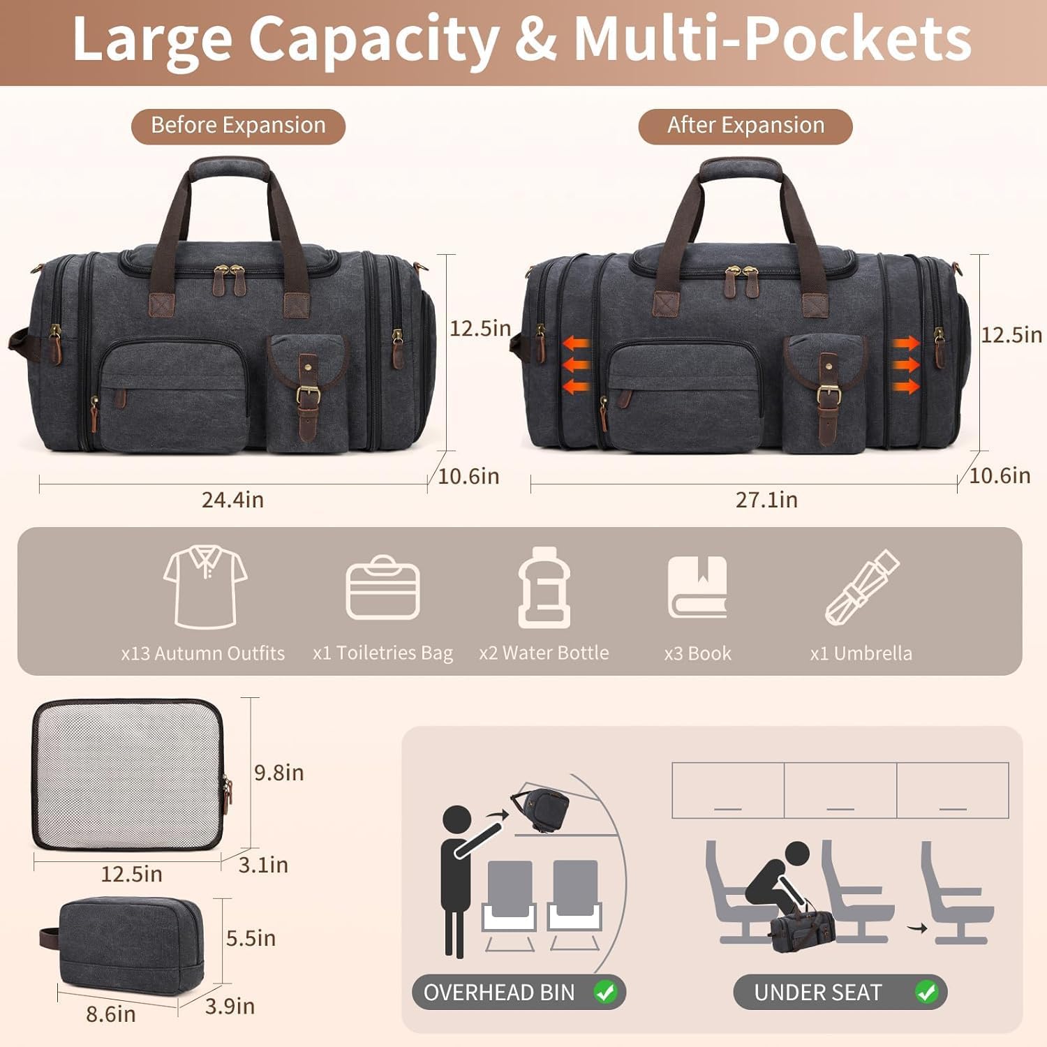 Ultimate 60L Men's Duffle Bag: Expandable Canvas Weekender with Shoe Compartment, Multiple Pockets, Detachable Strap, Toiletry Bag & Packing Cube in Dark Gray