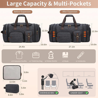Ultimate 60L Men's Duffle Bag: Expandable Canvas Weekender with Shoe Compartment, Multiple Pockets, Detachable Strap, Toiletry Bag & Packing Cube in Dark Gray