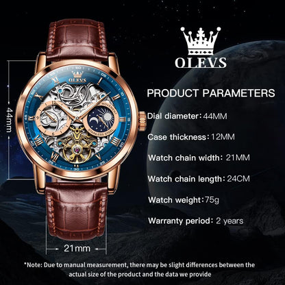 Luxury Automatic Skeleton Tourbillon Watch for Men - Brown Leather Strap, Moon Phase, Waterproof & Luminous Features