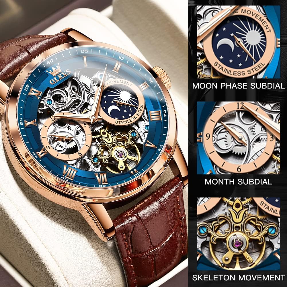 Luxury Automatic Skeleton Tourbillon Watch for Men - Brown Leather Strap, Moon Phase, Waterproof & Luminous Features