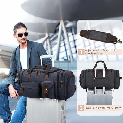 Ultimate 60L Men's Duffle Bag: Expandable Canvas Weekender with Shoe Compartment, Multiple Pockets, Detachable Strap, Toiletry Bag & Packing Cube in Dark Gray