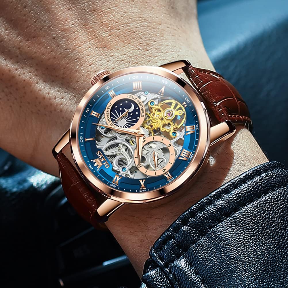 Luxury Automatic Skeleton Tourbillon Watch for Men - Brown Leather Strap, Moon Phase, Waterproof & Luminous Features