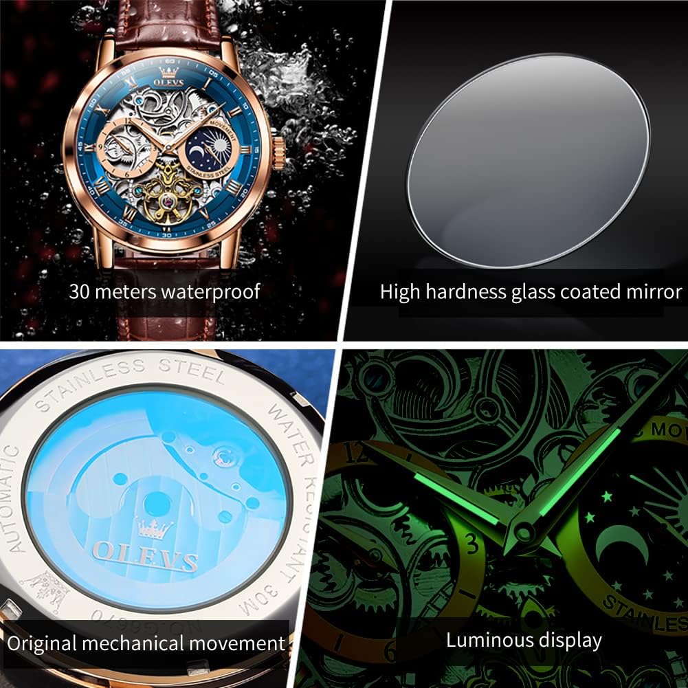 Luxury Automatic Skeleton Tourbillon Watch for Men - Brown Leather Strap, Moon Phase, Waterproof & Luminous Features