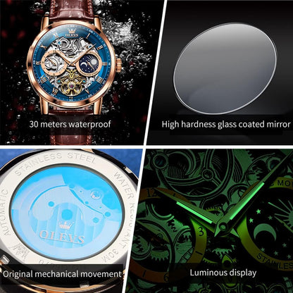 Luxury Automatic Skeleton Tourbillon Watch for Men - Brown Leather Strap, Moon Phase, Waterproof & Luminous Features