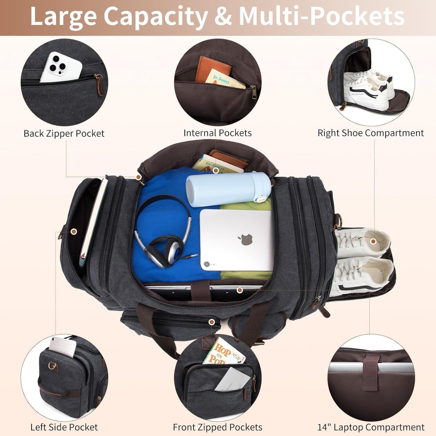 Ultimate 60L Men's Duffle Bag: Expandable Canvas Weekender with Shoe Compartment, Multiple Pockets, Detachable Strap, Toiletry Bag & Packing Cube in Dark Gray