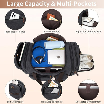 Ultimate 60L Men's Duffle Bag: Expandable Canvas Weekender with Shoe Compartment, Multiple Pockets, Detachable Strap, Toiletry Bag & Packing Cube in Dark Gray