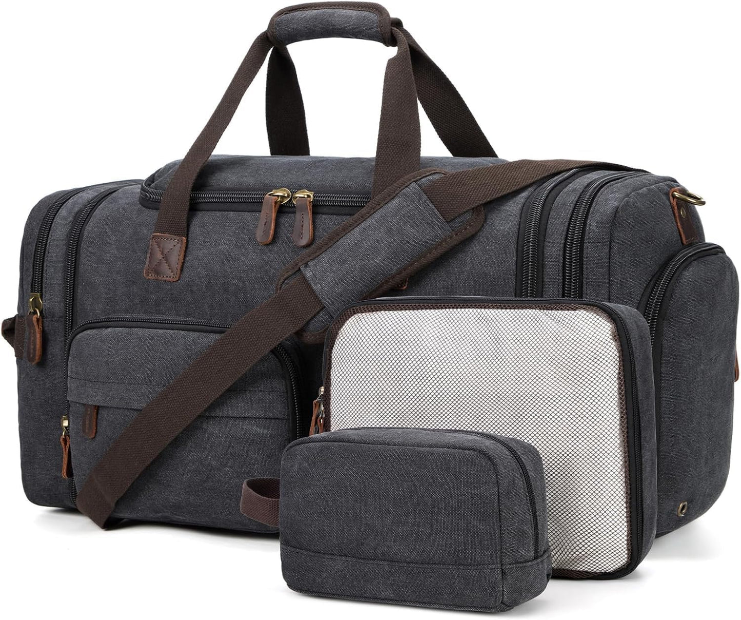 Ultimate 60L Men's Duffle Bag: Expandable Canvas Weekender with Shoe Compartment, Multiple Pockets, Detachable Strap, Toiletry Bag & Packing Cube in Dark Gray