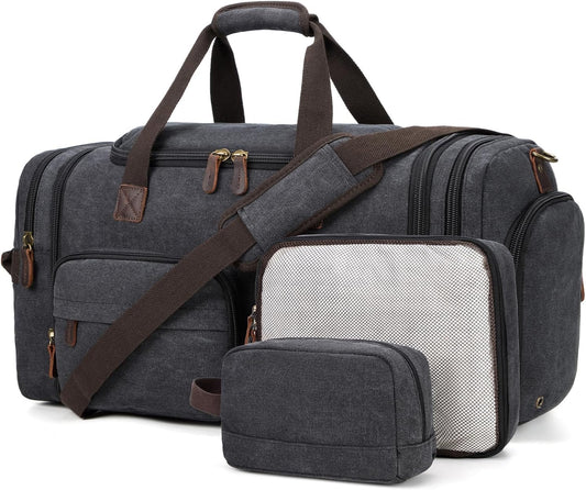 Ultimate 60L Men's Duffle Bag: Expandable Canvas Weekender with Shoe Compartment, Multiple Pockets, Detachable Strap, Toiletry Bag & Packing Cube in Dark Gray