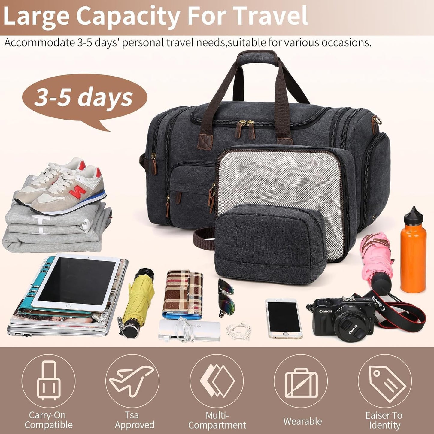 Ultimate 60L Men's Duffle Bag: Expandable Canvas Weekender with Shoe Compartment, Multiple Pockets, Detachable Strap, Toiletry Bag & Packing Cube in Dark Gray