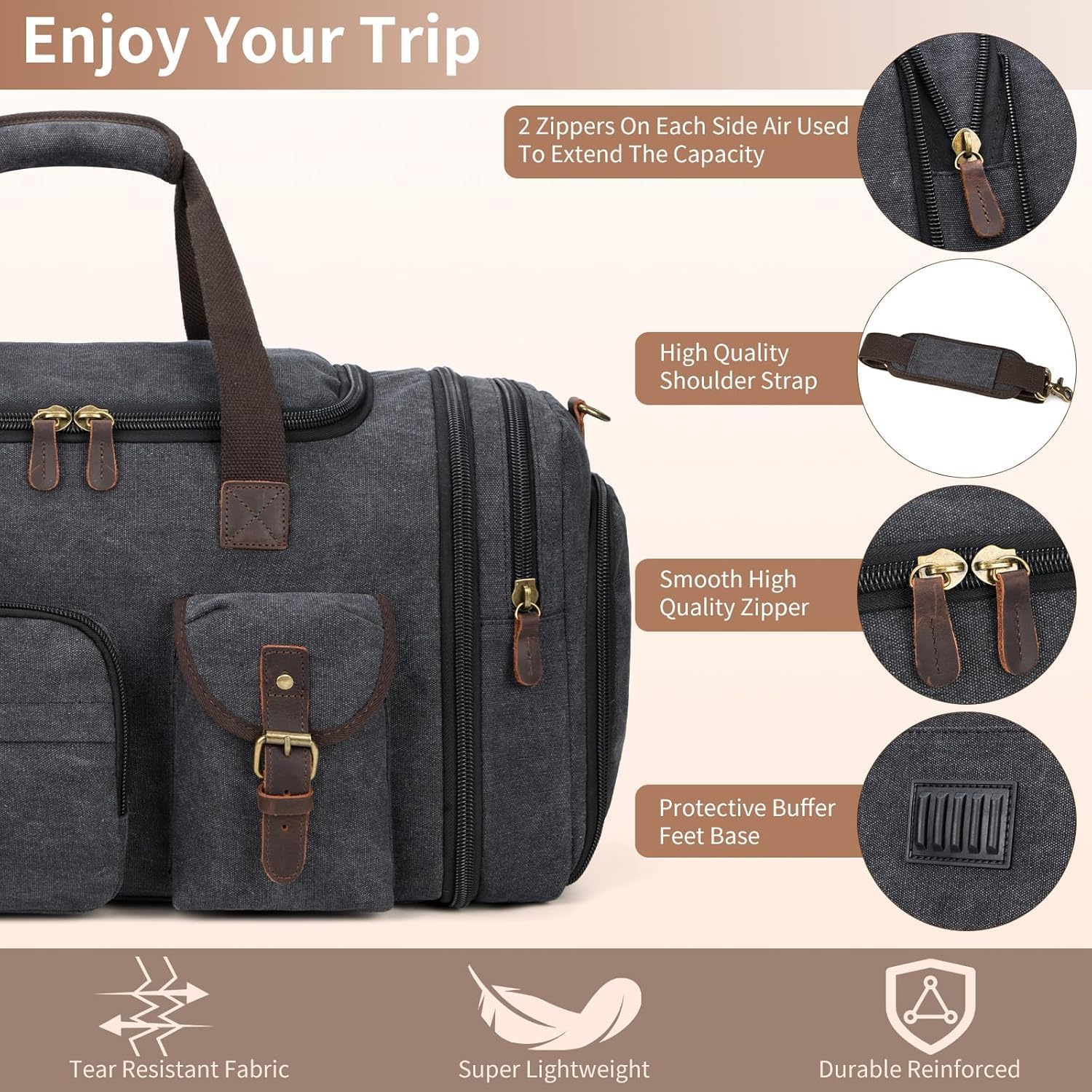Ultimate 60L Men's Duffle Bag: Expandable Canvas Weekender with Shoe Compartment, Multiple Pockets, Detachable Strap, Toiletry Bag & Packing Cube in Dark Gray