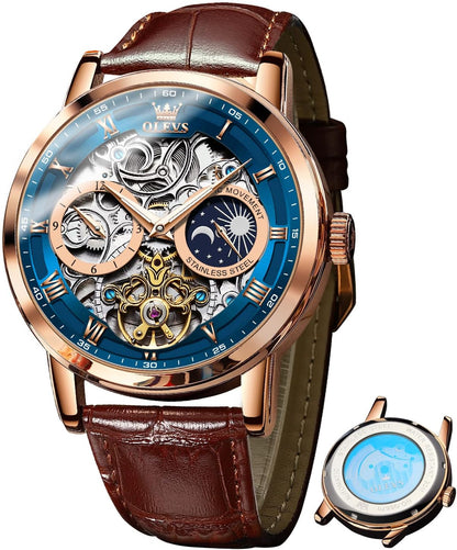 Luxury Automatic Skeleton Tourbillon Watch for Men - Brown Leather Strap, Moon Phase, Waterproof & Luminous Features