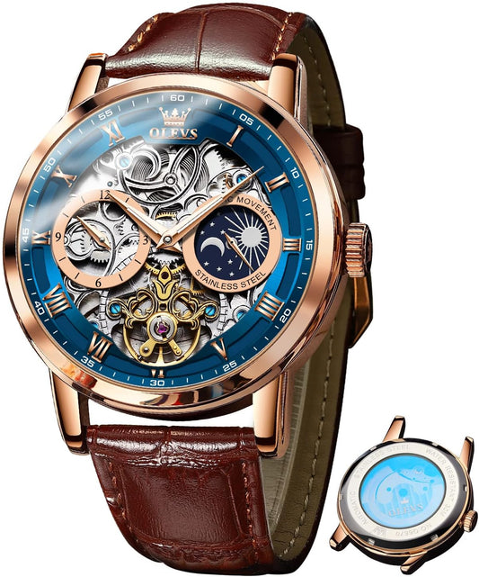 Luxury Automatic Skeleton Tourbillon Watch for Men - Brown Leather Strap, Moon Phase, Waterproof & Luminous Features