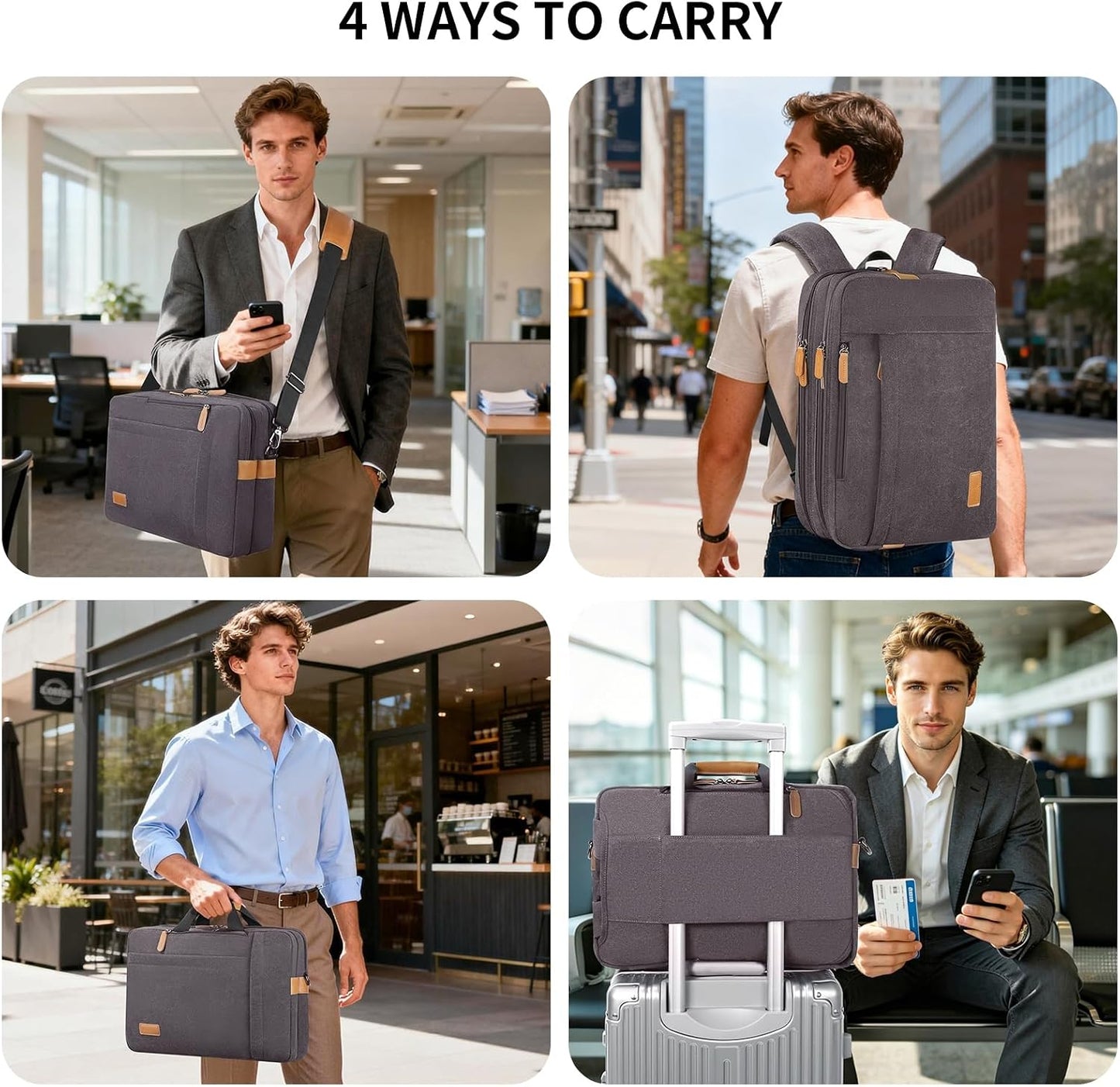 Laptop Computer Bag for Men 3 in 1, 17-17.3 Inch Laptop Messenger Bag for Business/Work/Travel, Convertible Backpack Briefcase Water Resistant Canvas Laptop Backpack (Grey)