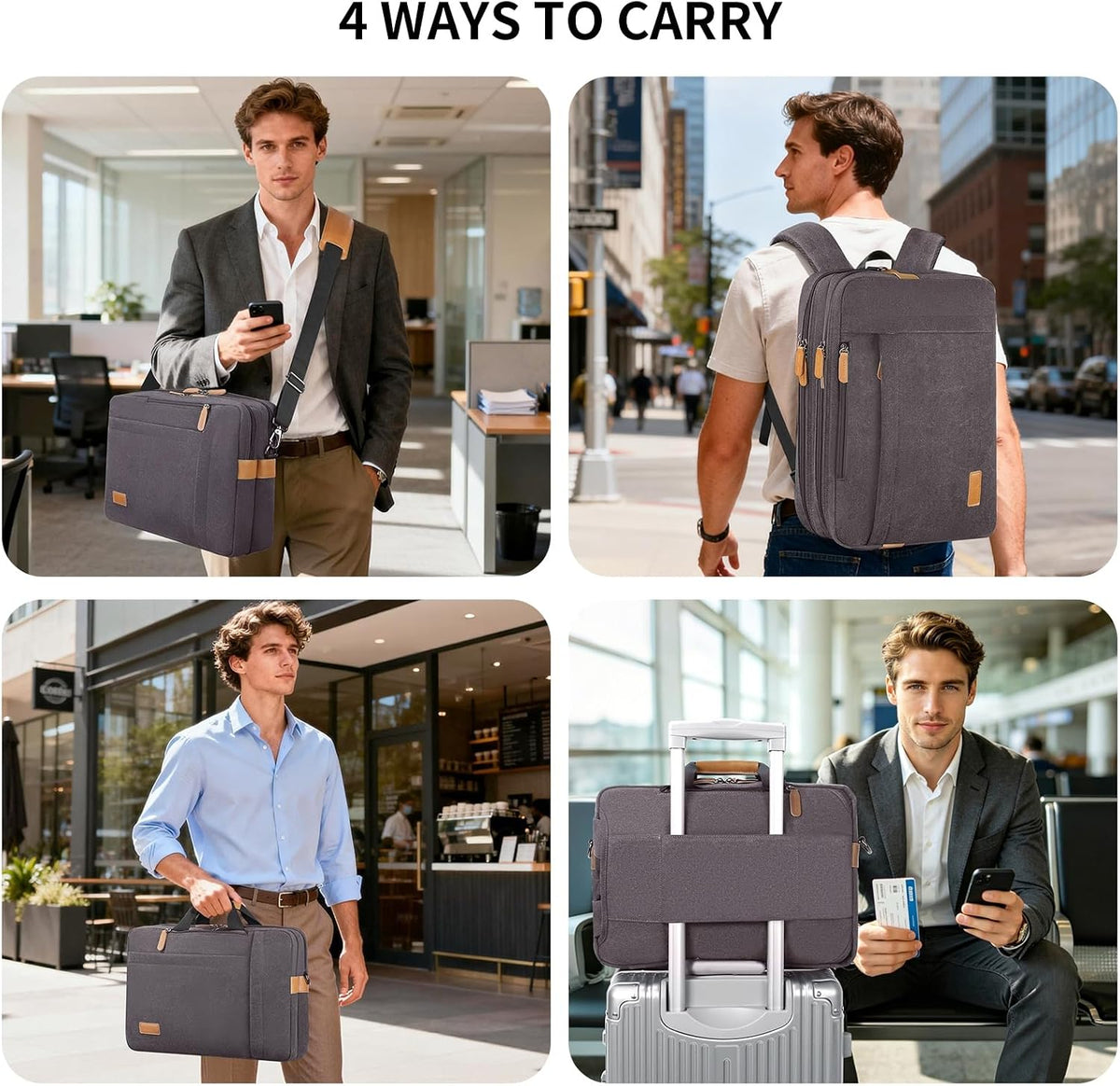 Laptop Computer Bag for Men 3 in 1, 17-17.3 Inch Laptop Messenger Bag for Business/Work/Travel, Convertible Backpack Briefcase Water Resistant Canvas Laptop Backpack (Grey)