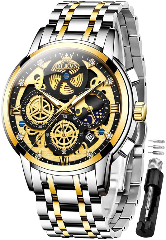 Elevate Your Style with the Men's Luxury Chronograph Watch - Stainless Steel, Waterproof, and Luminous Moon Phase Design