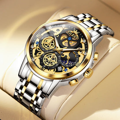 Elevate Your Style with the Men's Luxury Chronograph Watch - Stainless Steel, Waterproof, and Luminous Moon Phase Design