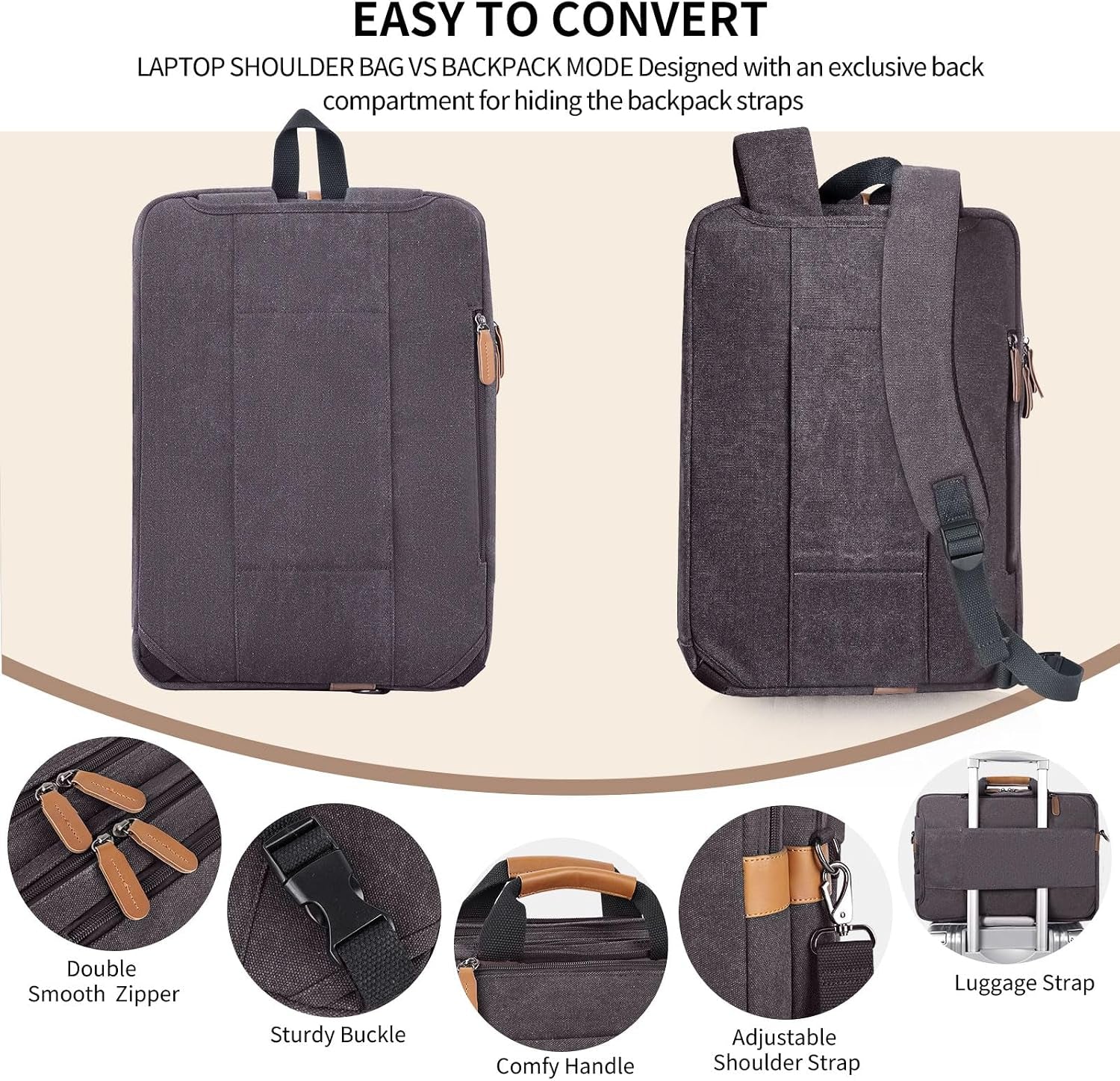 Laptop Computer Bag for Men 3 in 1, 17-17.3 Inch Laptop Messenger Bag for Business/Work/Travel, Convertible Backpack Briefcase Water Resistant Canvas Laptop Backpack (Grey)