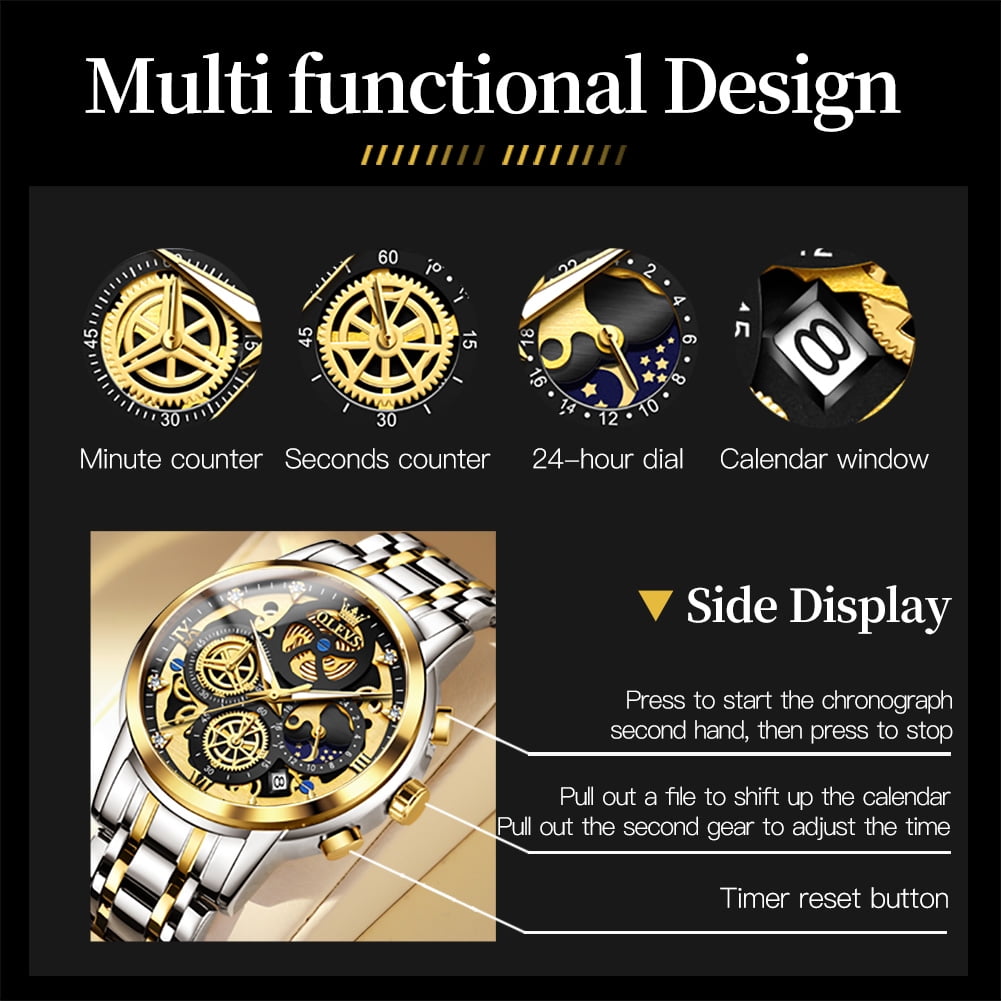 Elevate Your Style with the Men's Luxury Chronograph Watch - Stainless Steel, Waterproof, and Luminous Moon Phase Design