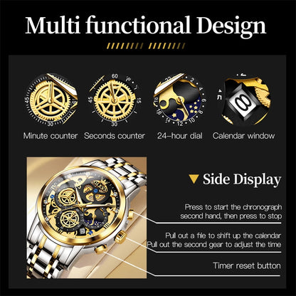 Elevate Your Style with the Men's Luxury Chronograph Watch - Stainless Steel, Waterproof, and Luminous Moon Phase Design